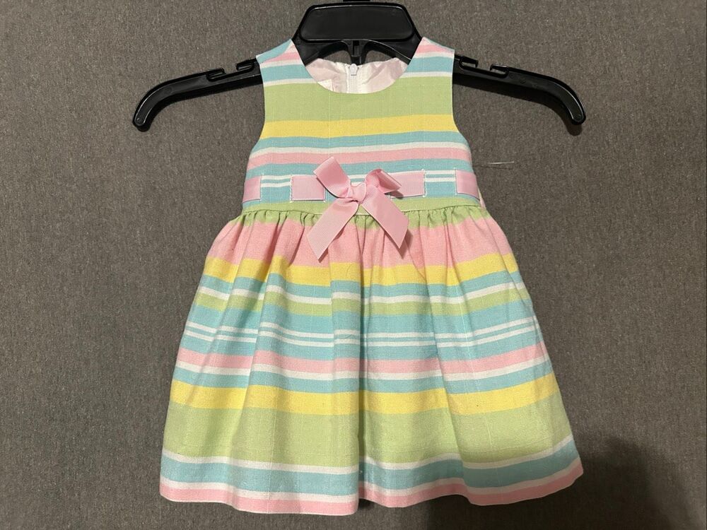 Bonnie Jean Pastel Rainbow Stripe Spring Party Dress Bow Girls Size 12 months